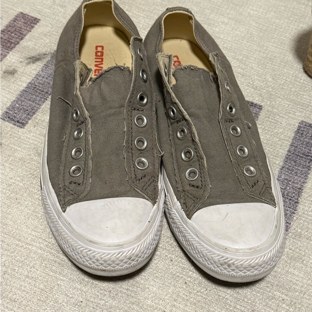 Grey Beige and White Slip-On Sneakers